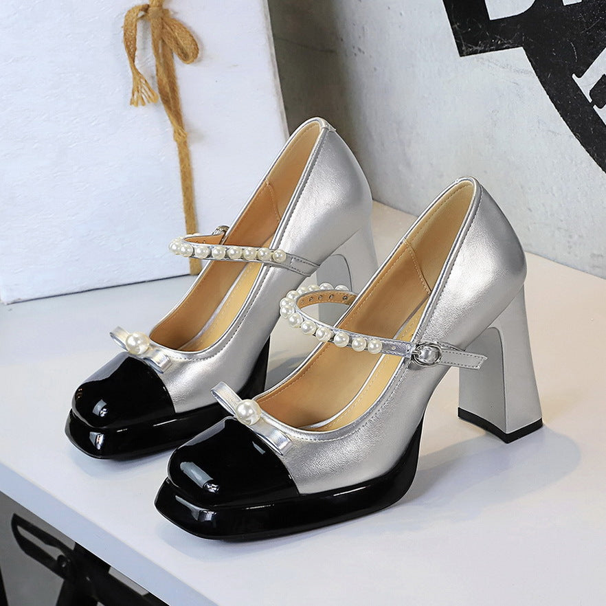 French Vintage Color Matching Square Head Chunky Heel Mary Jane Shoes Women Bow Pearl Word with Shallow Mouth