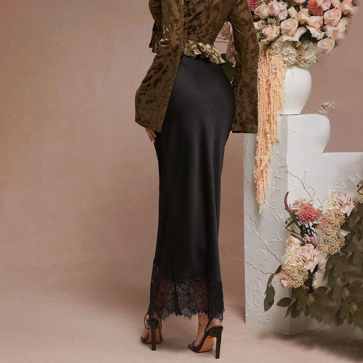 Skirt Lace Stitching Satin Satin Skirt Socialite Women Clothing