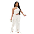 Women Clothing Sexy Two Piece Suit Vest Strap Suit Faux Leather Pants Nightclub Summer