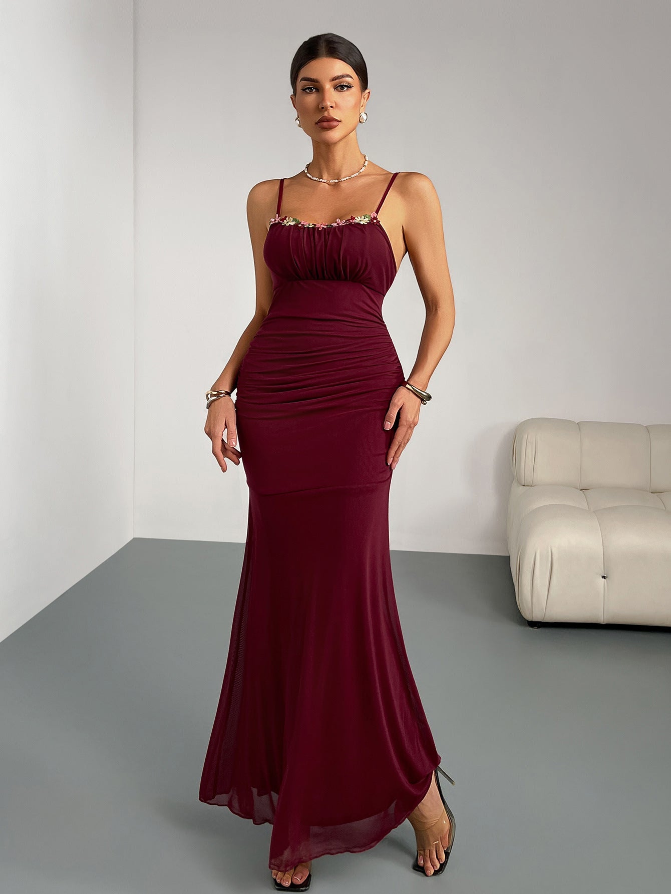 Slim Fit Fishtail Dress Women Sling Pleating Dress Slim Fit Sexy Party Party Wedding Bridesmaid
