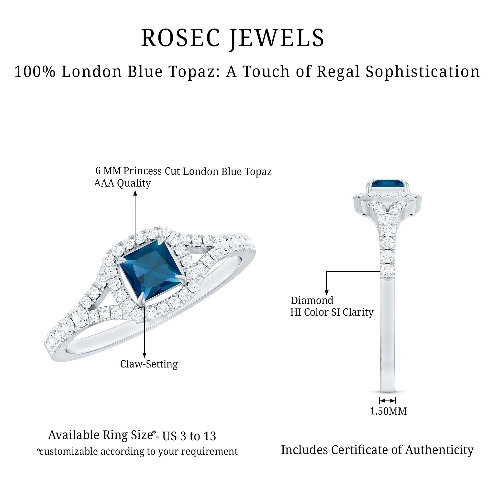 6mm Princess Cut London Blue Topaz Engagement Ring with Diamond Split Shank