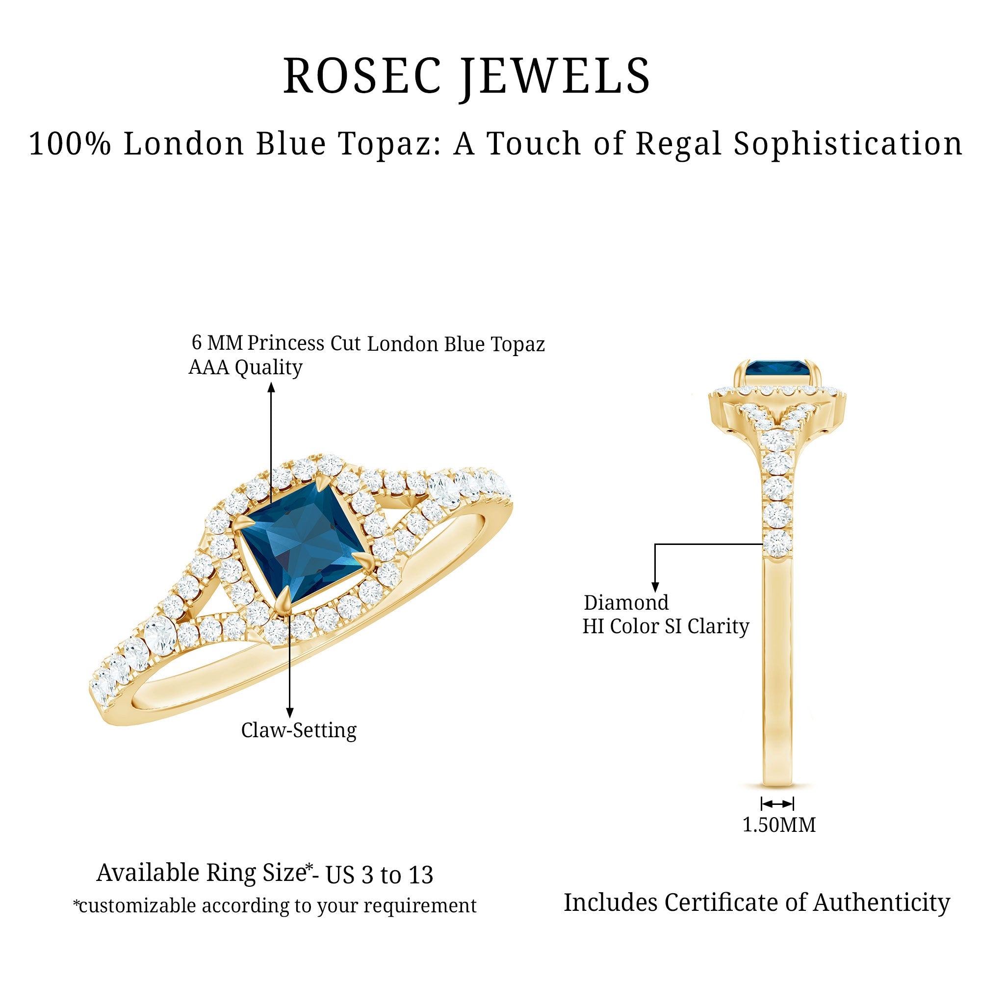 6mm Princess Cut London Blue Topaz Engagement Ring with Diamond Split Shank