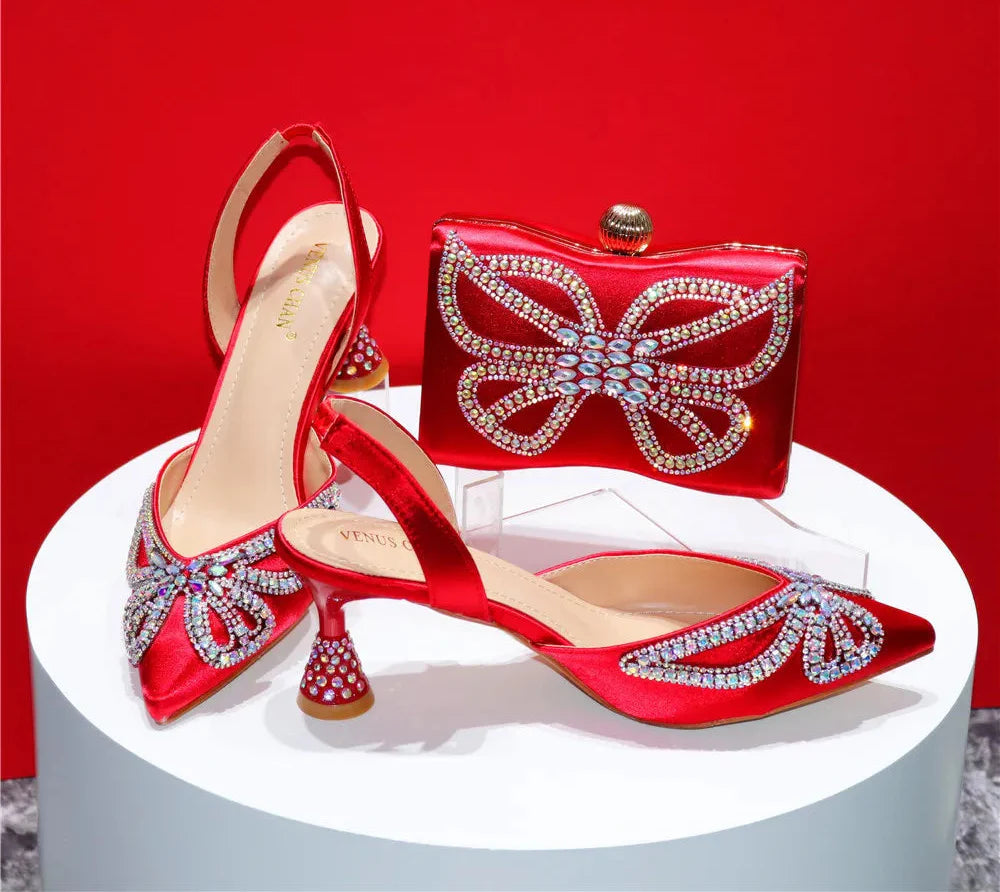 Elegant Rhinestone Pointed-Toe Pumps With Matching Bag Set FRE43