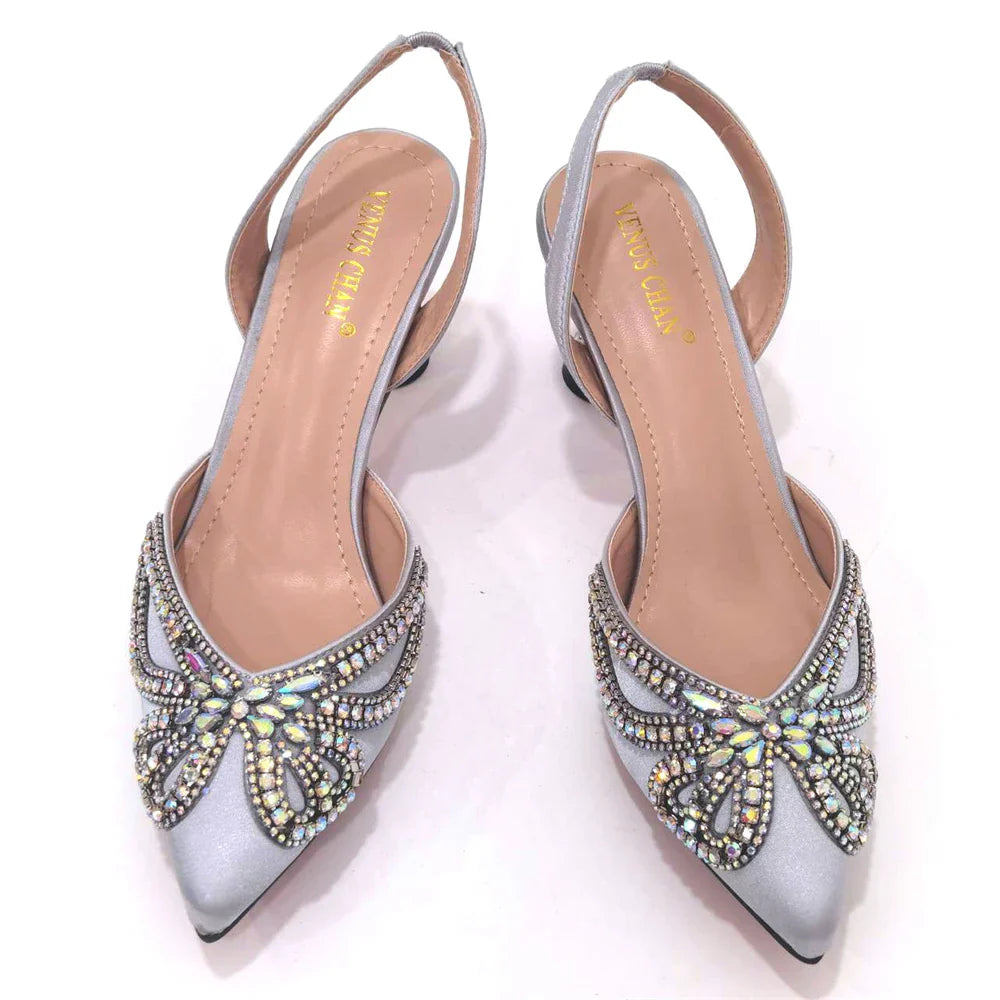 Elegant Rhinestone Pointed-Toe Pumps With Matching Bag Set FRE43