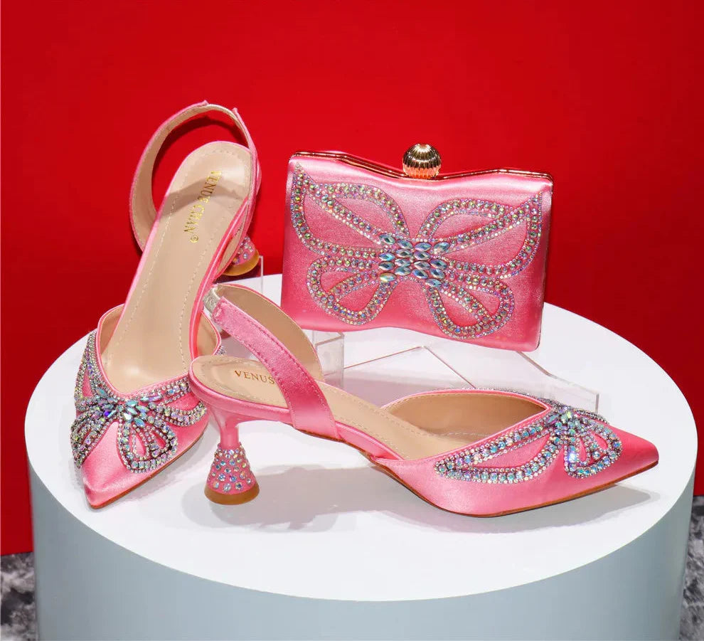 Elegant Rhinestone Pointed-Toe Pumps With Matching Bag Set FRE43