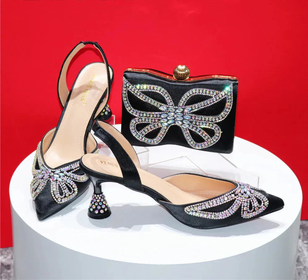 Elegant Rhinestone Pointed-Toe Pumps With Matching Bag Set FRE43