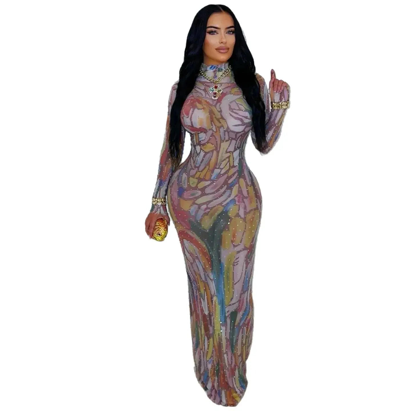 Long Sleeve Water-Media Net Diamond-Heated Party Gown