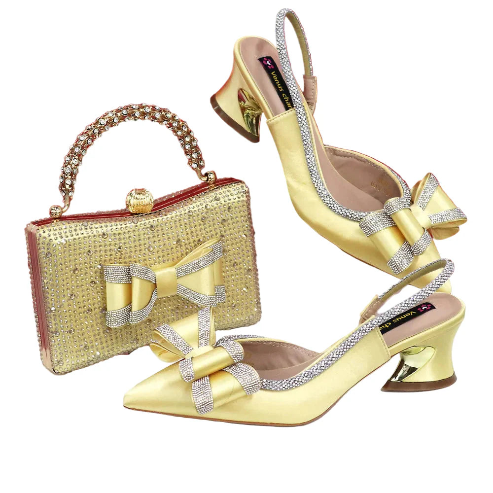 Med Heel Shoes for Women Italian Design Shoes and Bag Set ED345