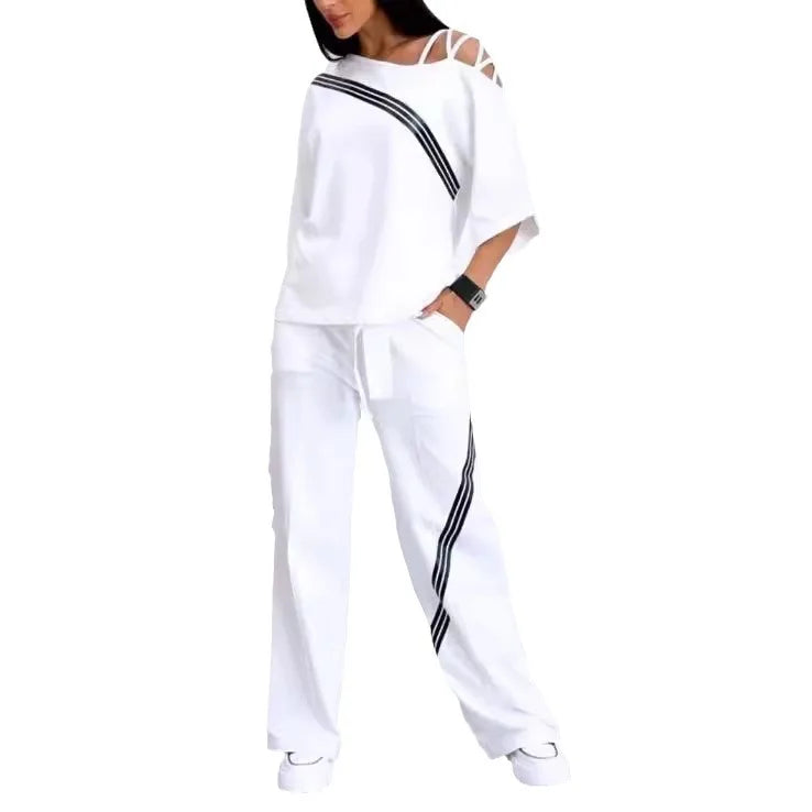 Women's White Sports Shirt+casual Pants Cotton