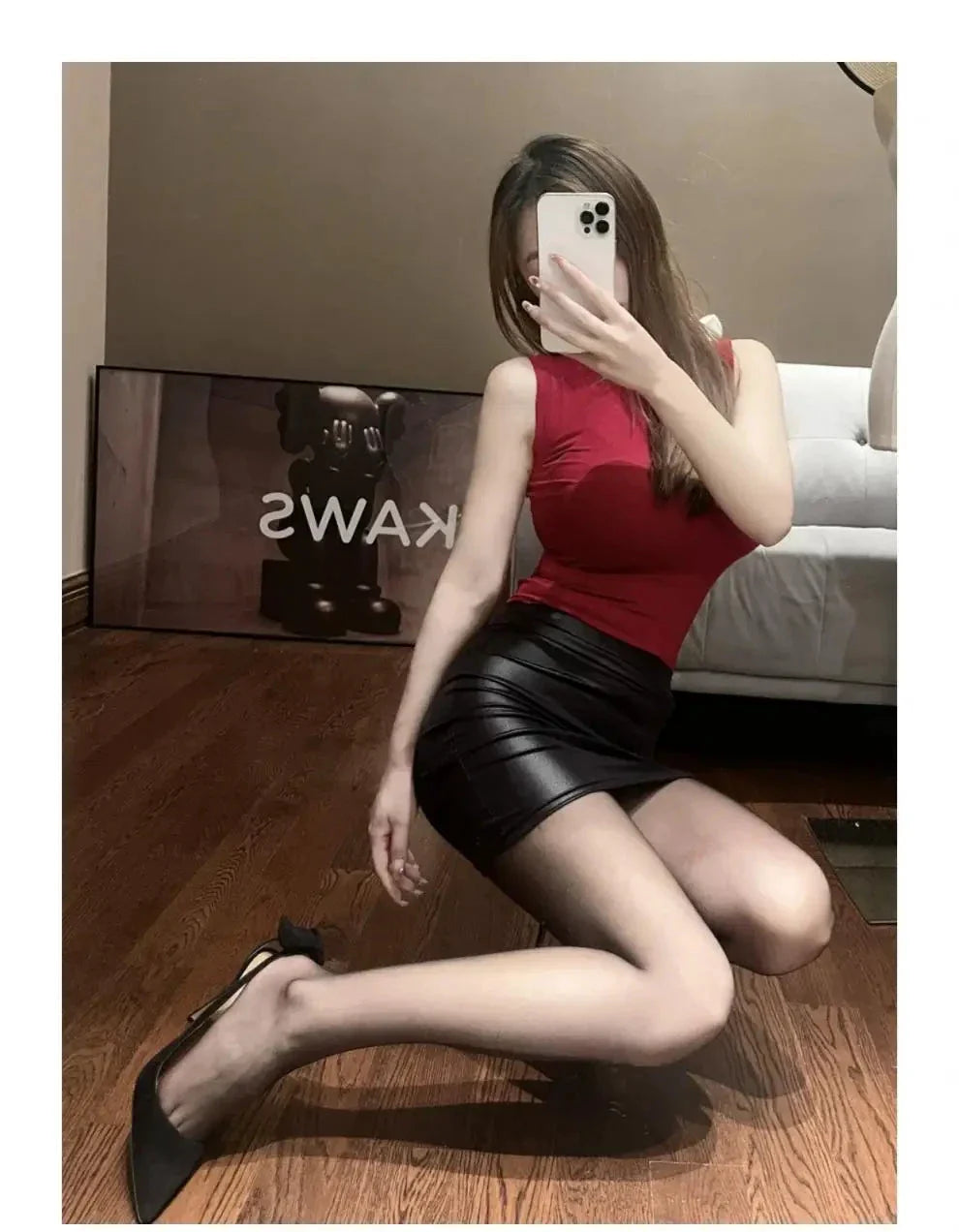 Mandotos Black Imitation Leather Pencil Mini Skirt High Waist Korean Fashion Women Wholesale Summer