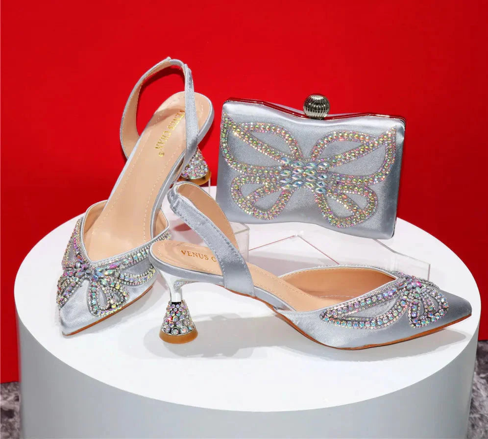 Elegant Rhinestone Pointed-Toe Pumps With Matching Bag Set FRE43