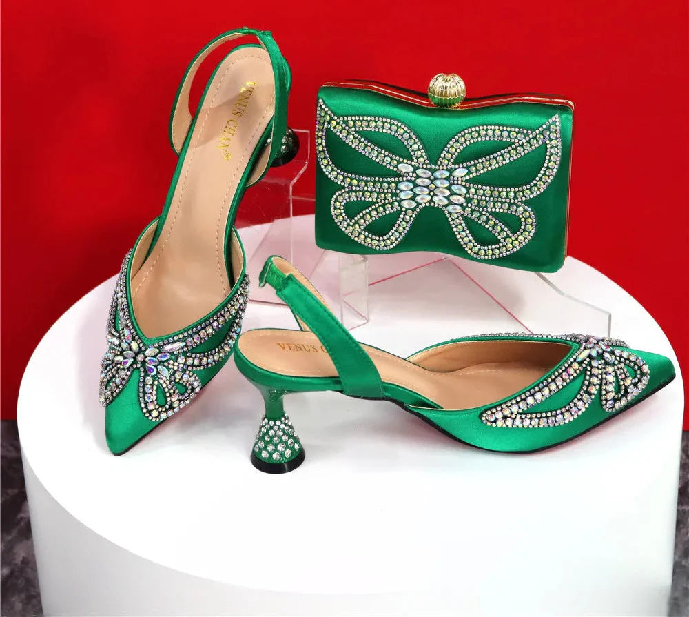 Elegant Rhinestone Pointed-Toe Pumps With Matching Bag Set FRE43