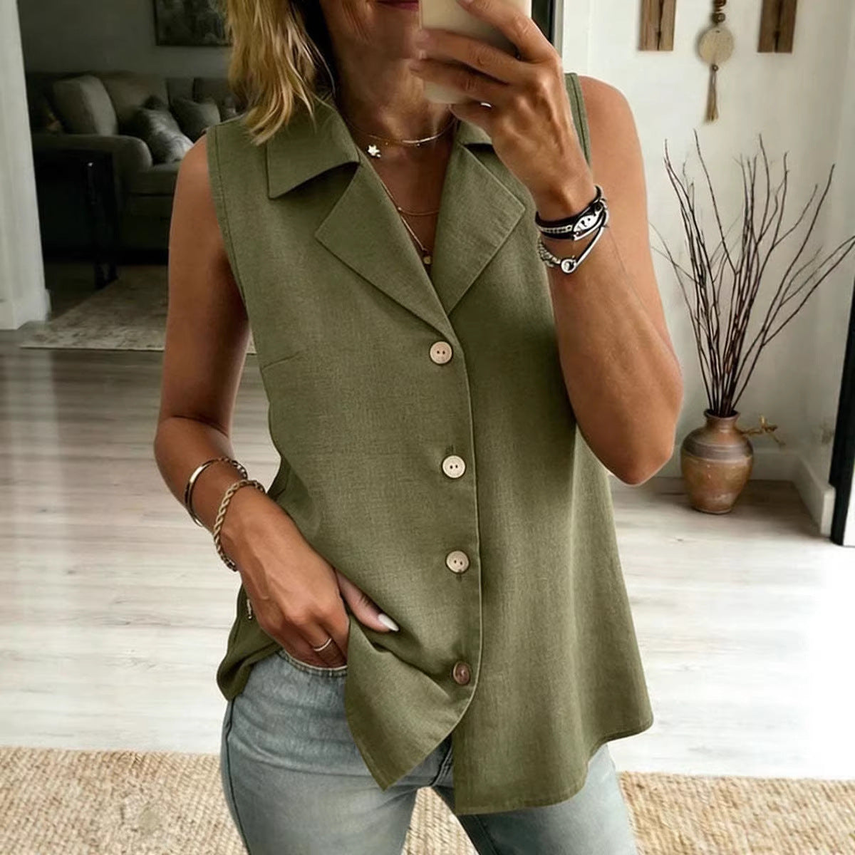 Women's Solid-Color Sleeveless Loose Vest Top – Button Detail