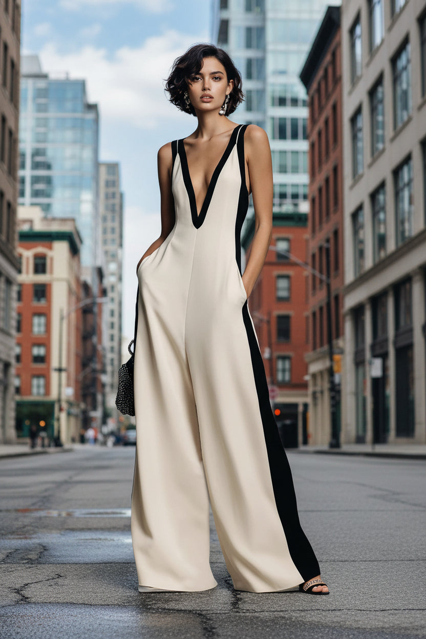 Women's Sleeveless V-Neck Contrast Color Wide-Leg Jumpsuit