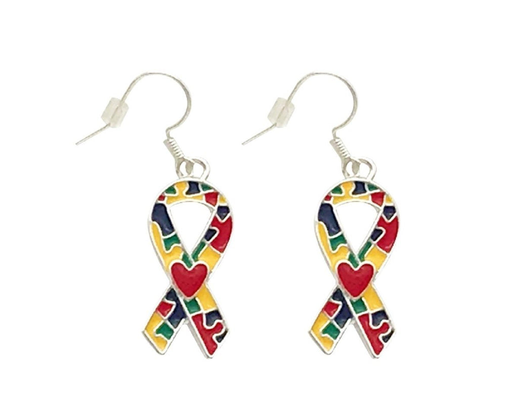 Autism Ribbon with Heart Design Hanging Earrings