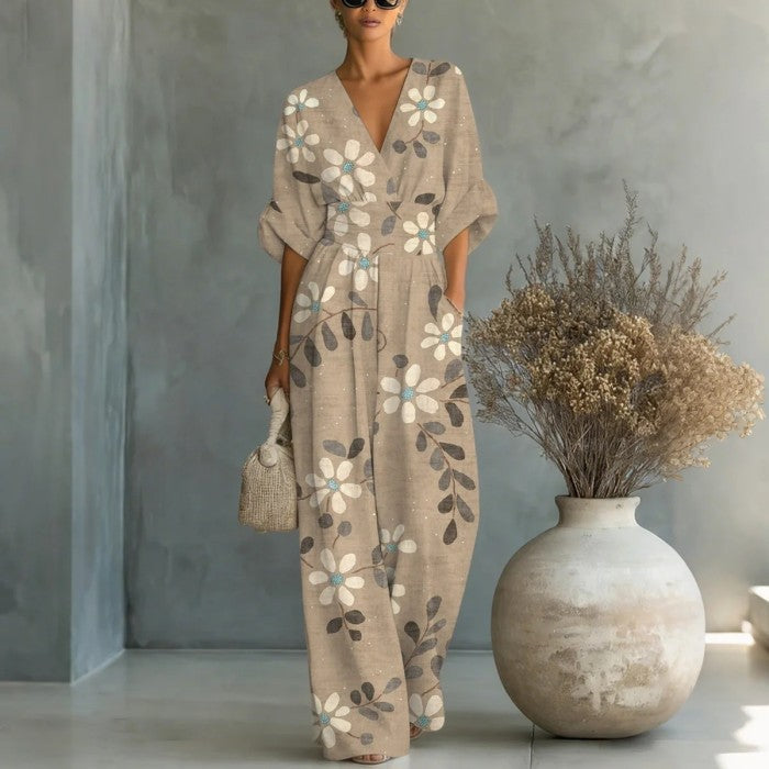 Women's Waist-Cinched V-Neck Printed Wide-Leg Jumpsuit