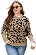 Brown Leopard Knitted Lacy Trim Cuffed Plus Size Sweater