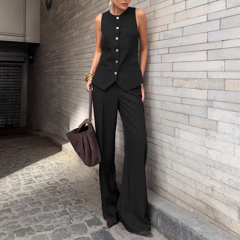Elegant Commuter Vest And Wide-Leg Pants Two-Piece Set (see size chart under more details)