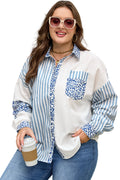 Sky Blue Leopard Striped Patchwork Casual Plus Shirt