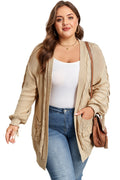 Parchment Cable Knit Braided Tie Sleeve Plus Size Open Cardigan