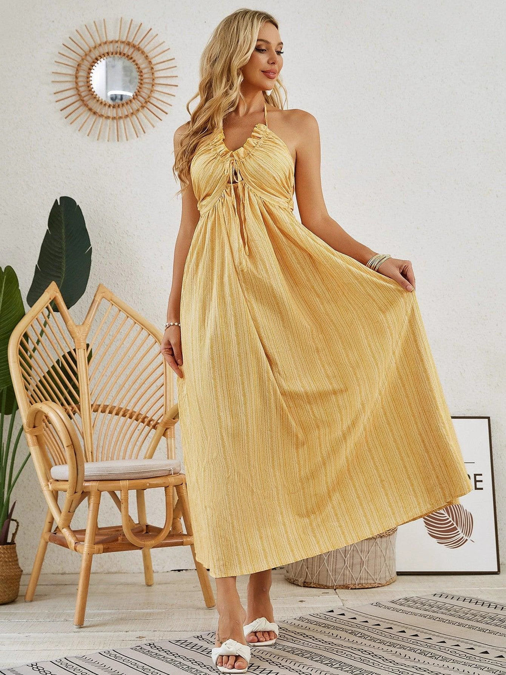 Bohemian Halter Maxi Dress - Women's Summer Sleeveless Flowy Beach Dress