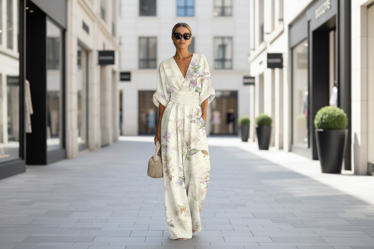 Women's Waist-Cinched V-Neck Printed Wide-Leg Jumpsuit