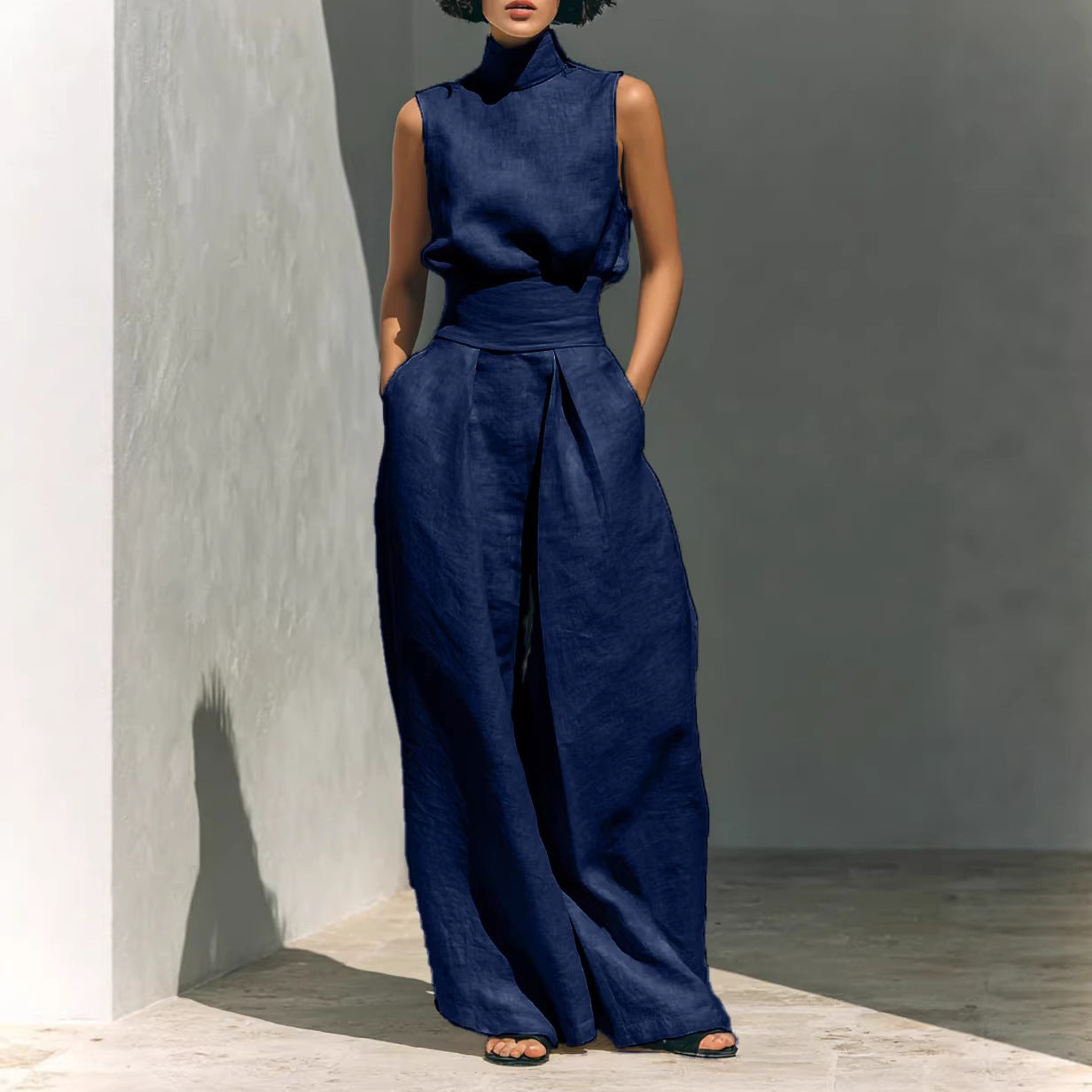 Casual Sleeveless Suit Summer Stand-up Collar Pullover Top And Loose Straight-leg Trousers Women's Clothing (see size chart under more details)