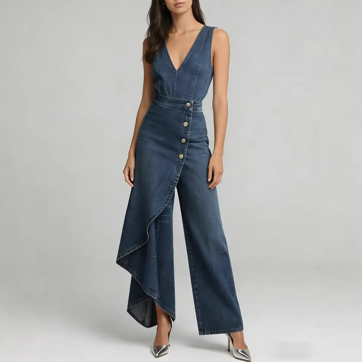 Women’s Western-Style V-Neck Asymmetrical Denim Jumpsuit