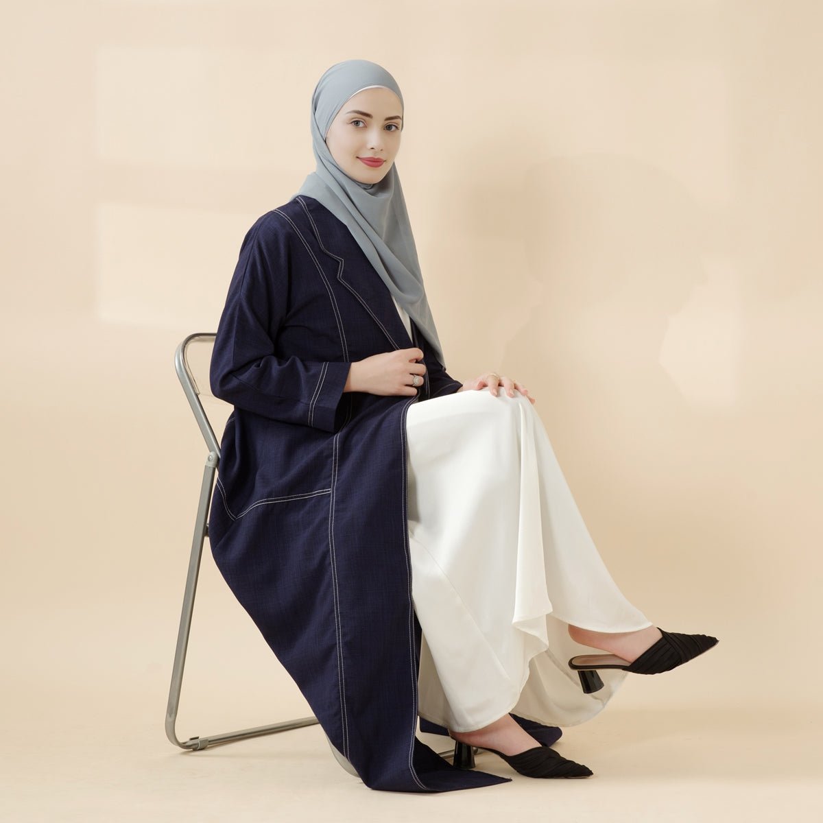 Denim Blue Open Abaya | Contrast Stitching Trench Coat Thin Denim Abaya (MOA121)