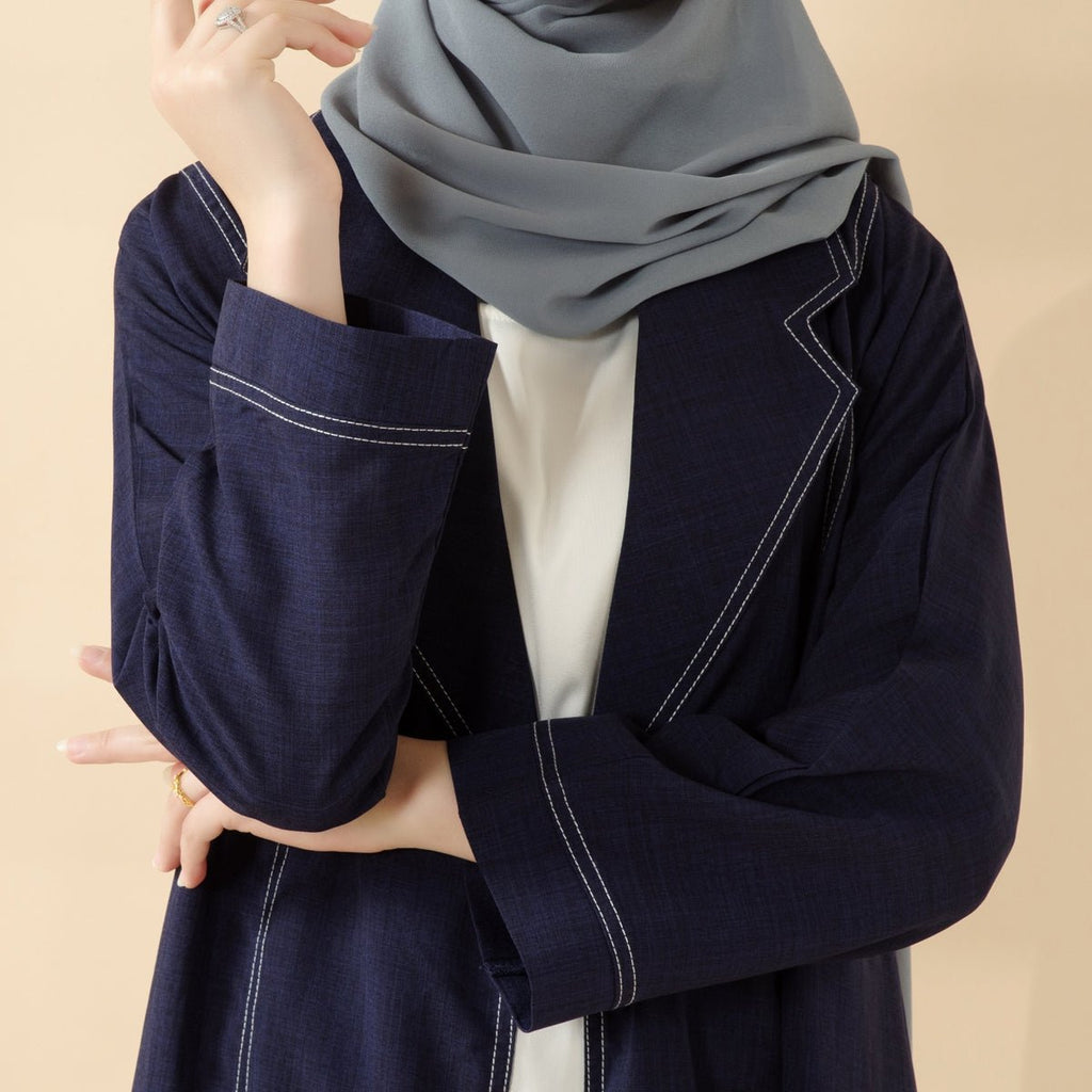 Denim Blue Open Abaya | Contrast Stitching Trench Coat Thin Denim Abaya (MOA121)