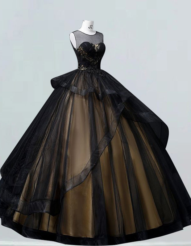 Black scoop lace applique tulle ball gown princess  gold satin bridal party dress