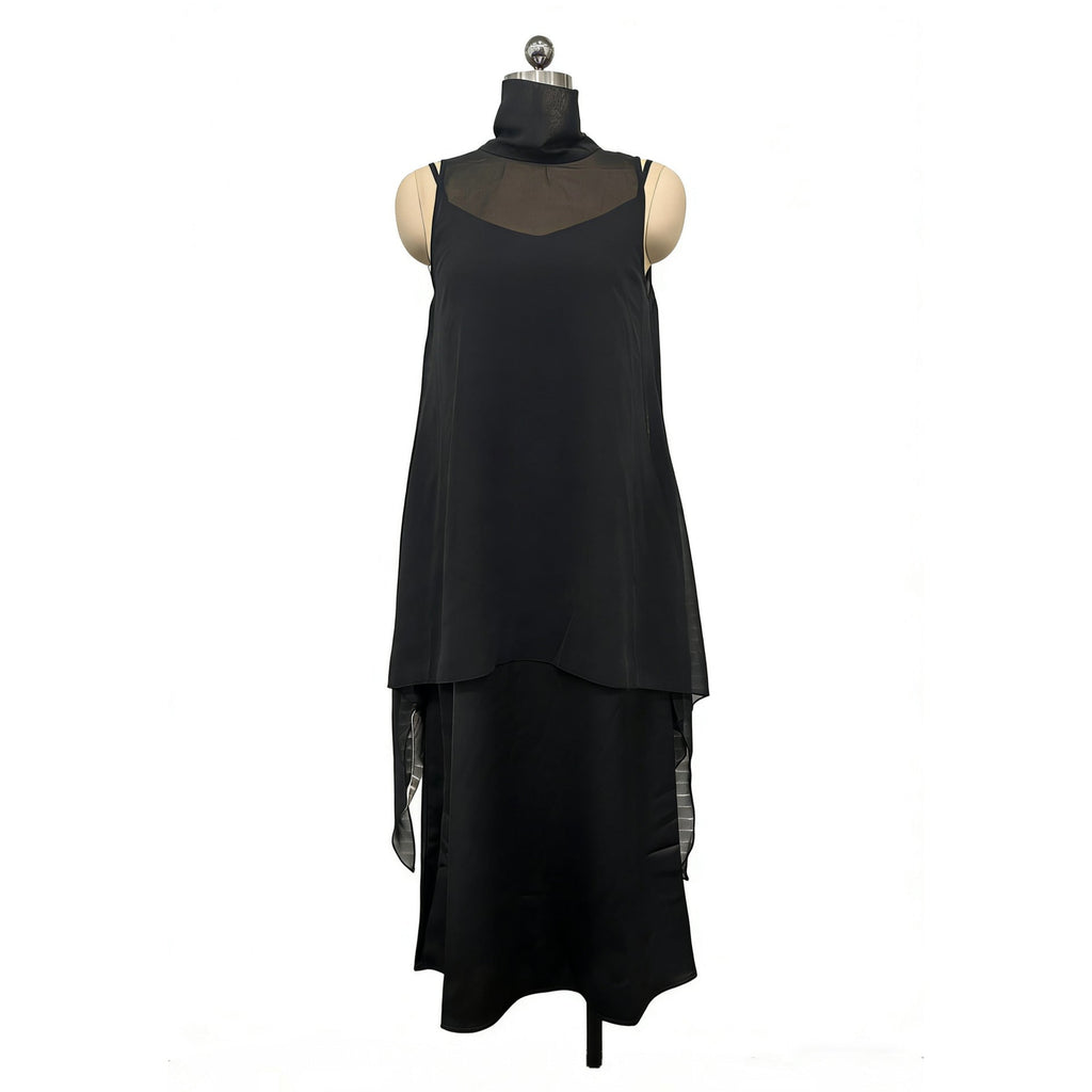 High-neck Asymmetrical Black Slip Chiffon Two-piece Set (see size chart under more details)