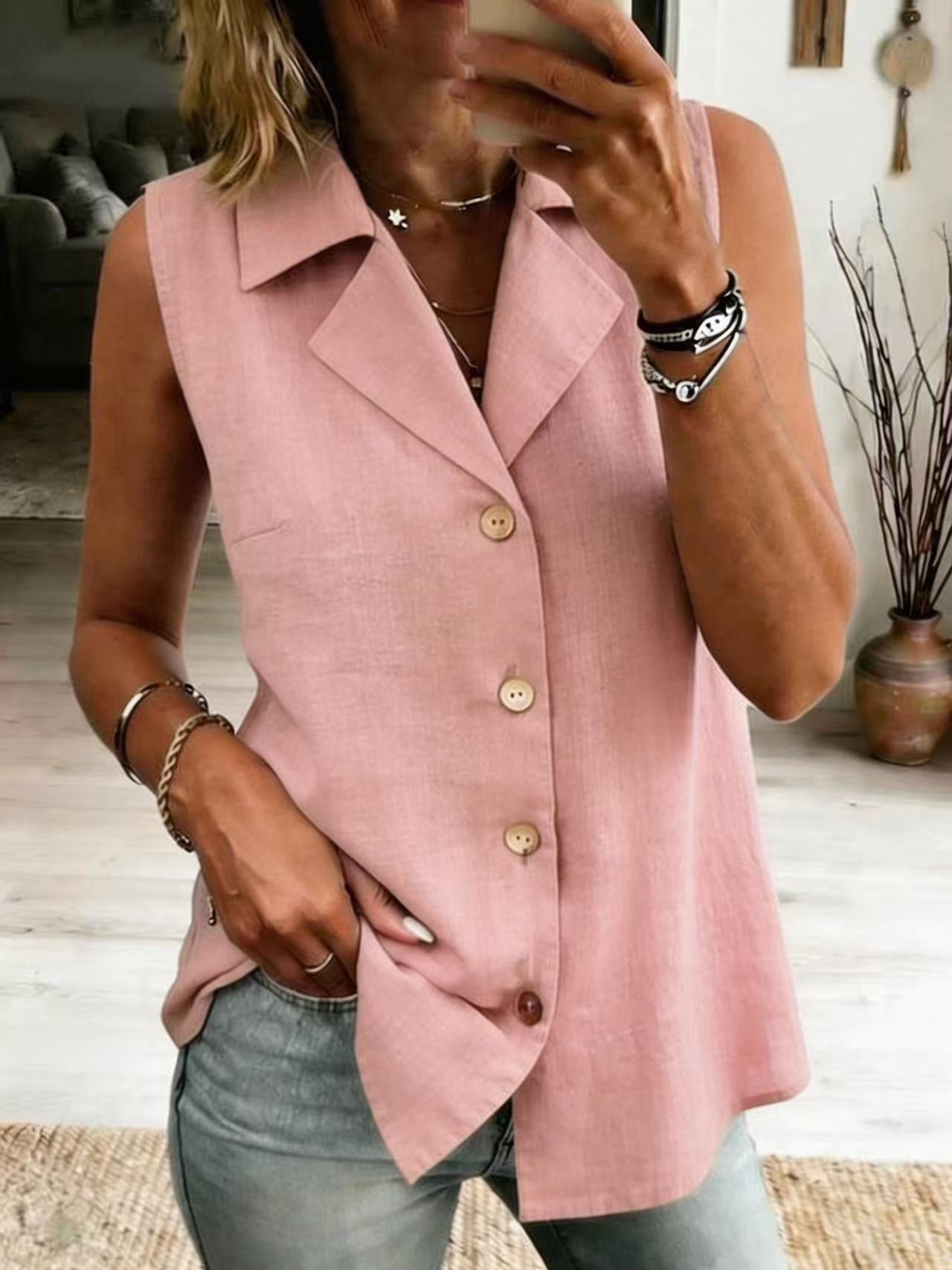 Women's Solid-Color Sleeveless Loose Vest Top – Button Detail