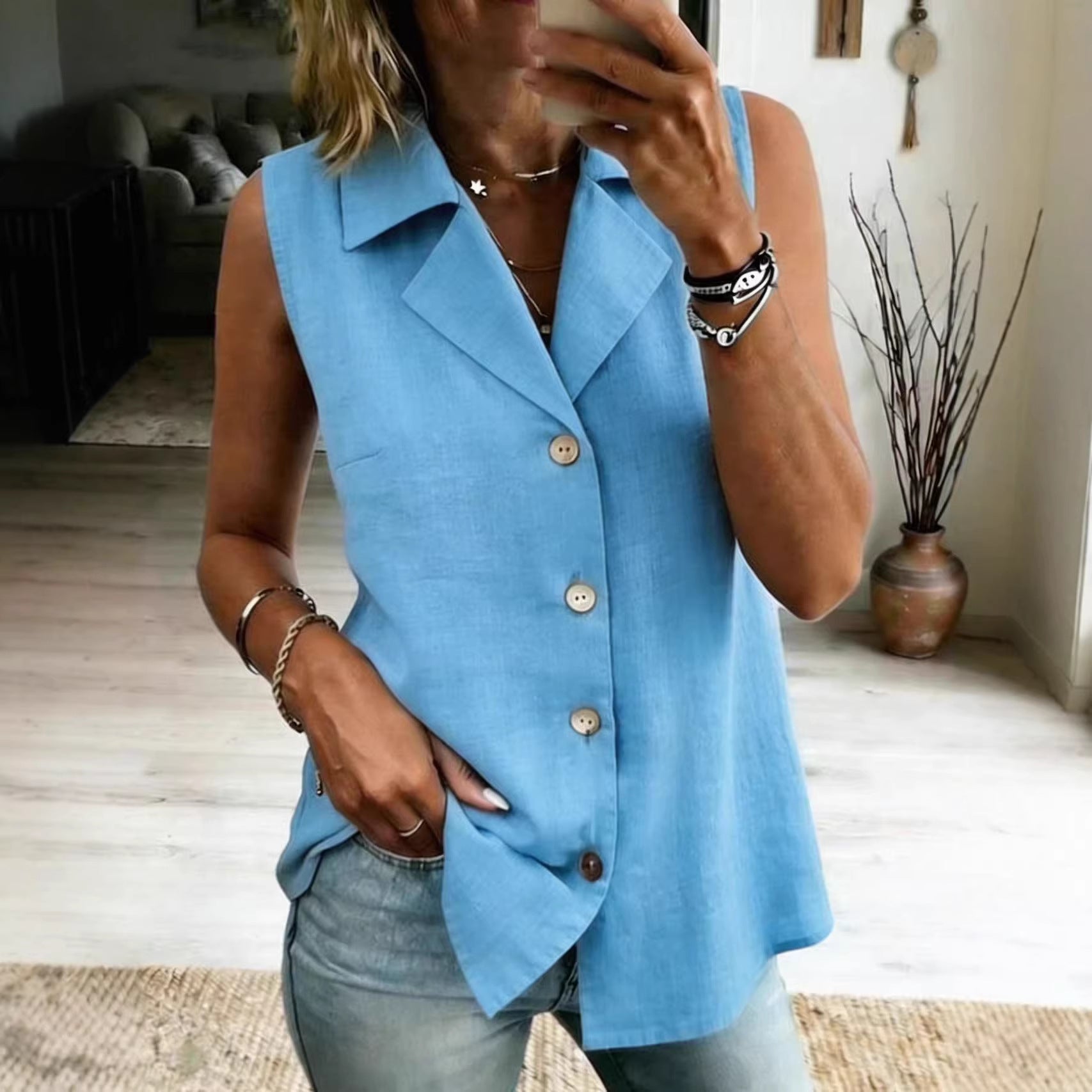 Women's Solid-Color Sleeveless Loose Vest Top – Button Detail