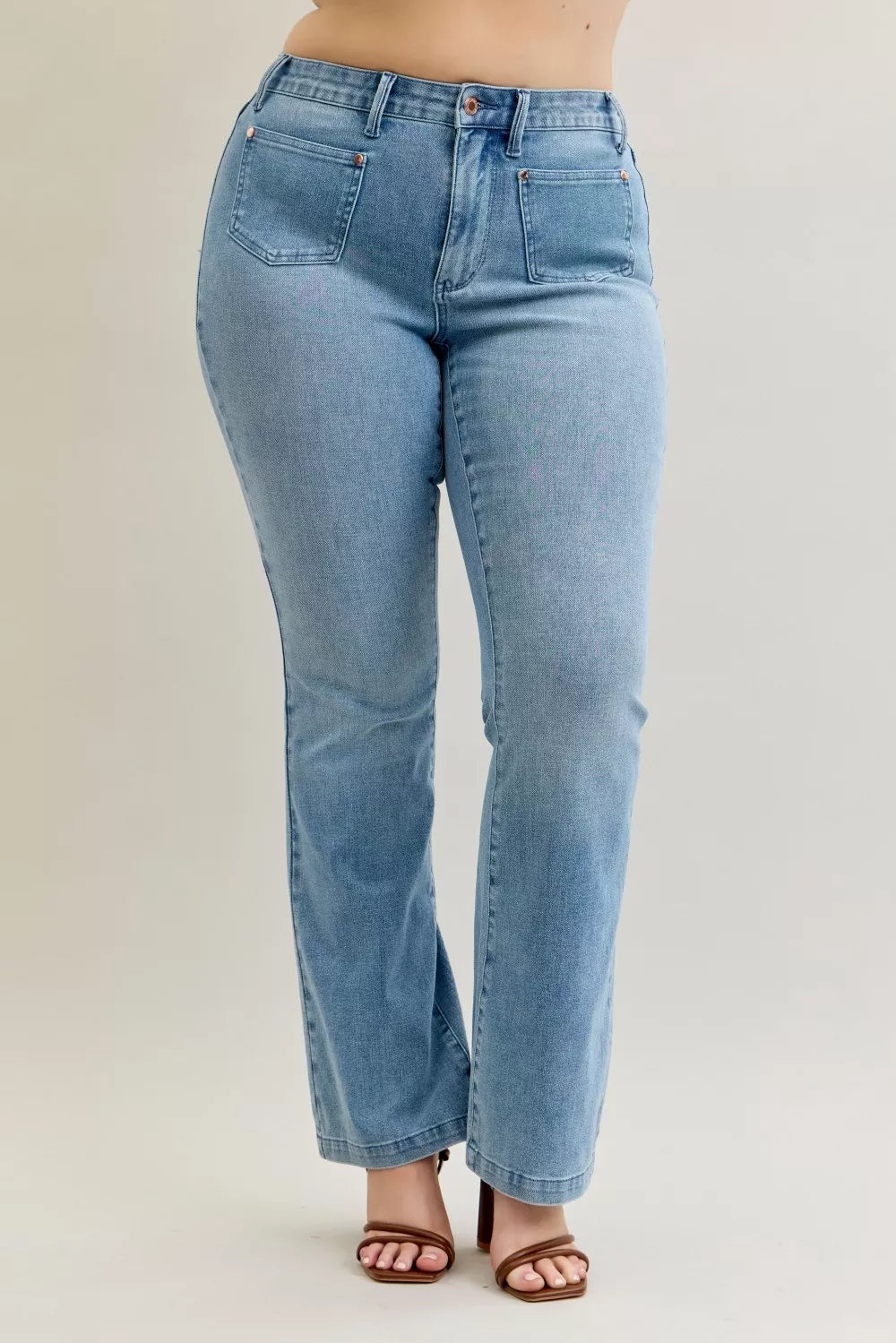 Judy Blue Bootcut Jeans Plus Size Mid Rise With Contrast Wash And Front Patch Pockets