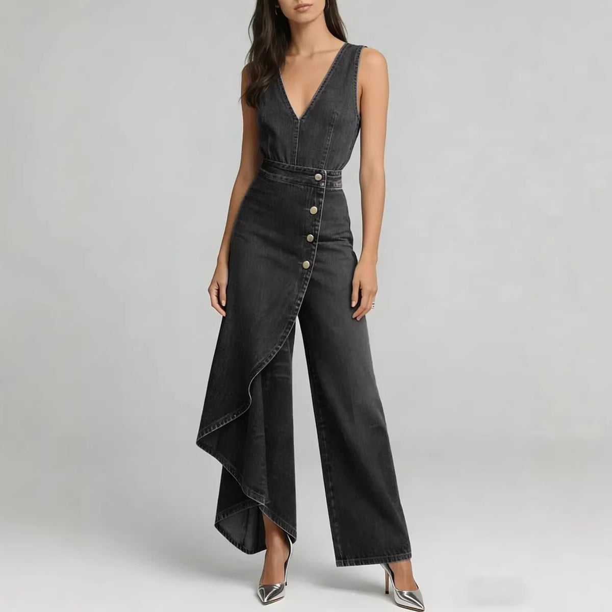 Women’s Western-Style V-Neck Asymmetrical Denim Jumpsuit
