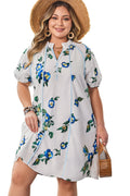 White Plus Size Floral Short Puff Sleeve Contrast Tie V Neck Dress