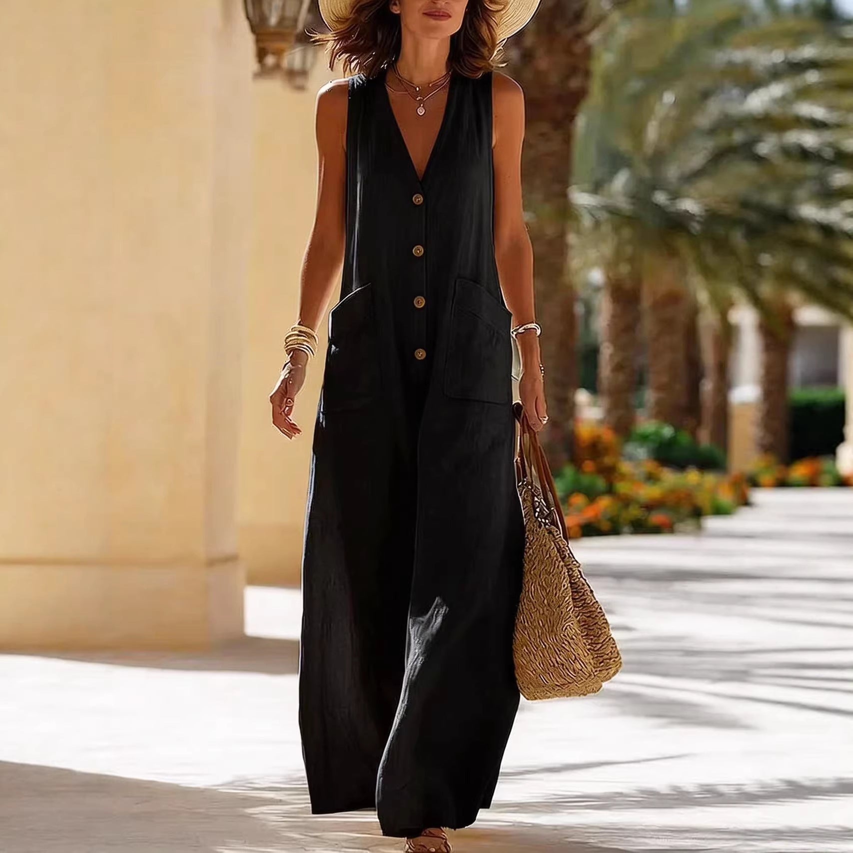 Women's Sleeveless Cotton-Linen Wide-Leg Jumpsuit – Button Pockets