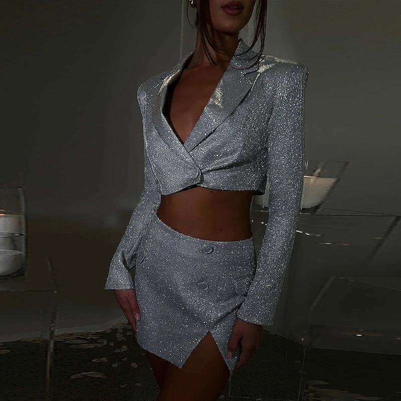 V-neck Long Sleeve Shiny Top Skirt Two-piece Suit