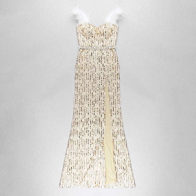Feather Raglan Large Slit Sexy Fishtail Evening Dress
