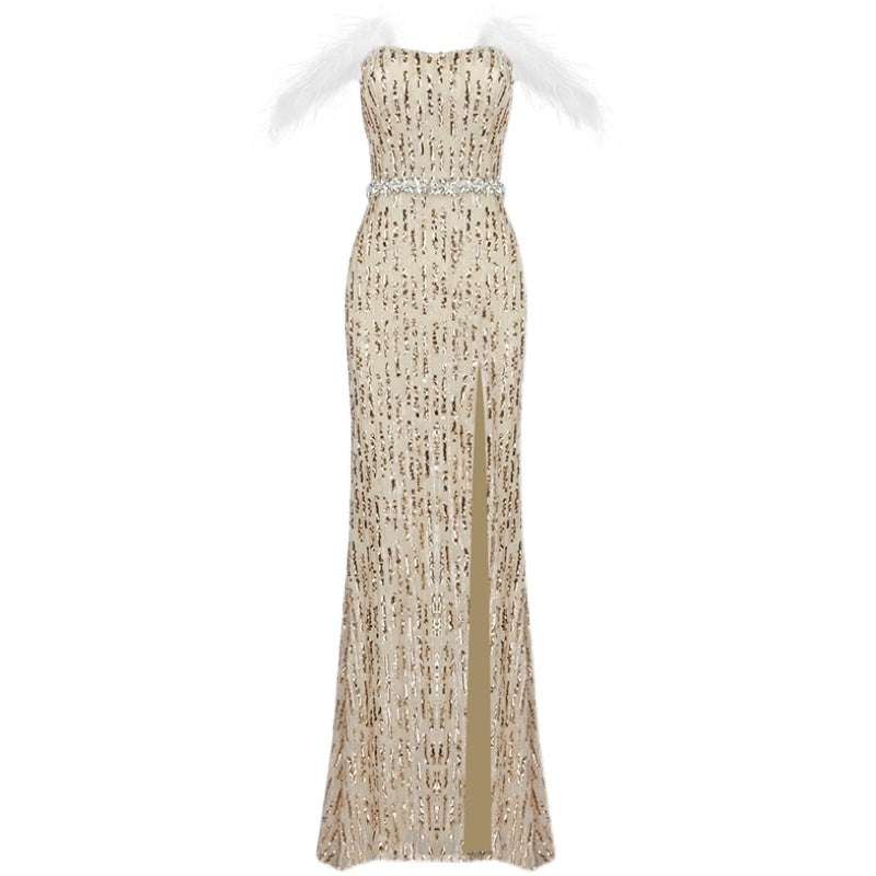 Feather Raglan Large Slit Sexy Fishtail Evening Dress