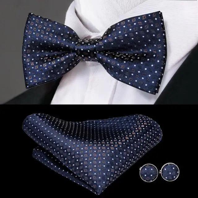 Green Color Silk Butterfly Pre-Tied Bow Tie Pocket Square Cufflinks Suit Set For Men Silk Adjustable Self Bowtie Formal Bowtie Set