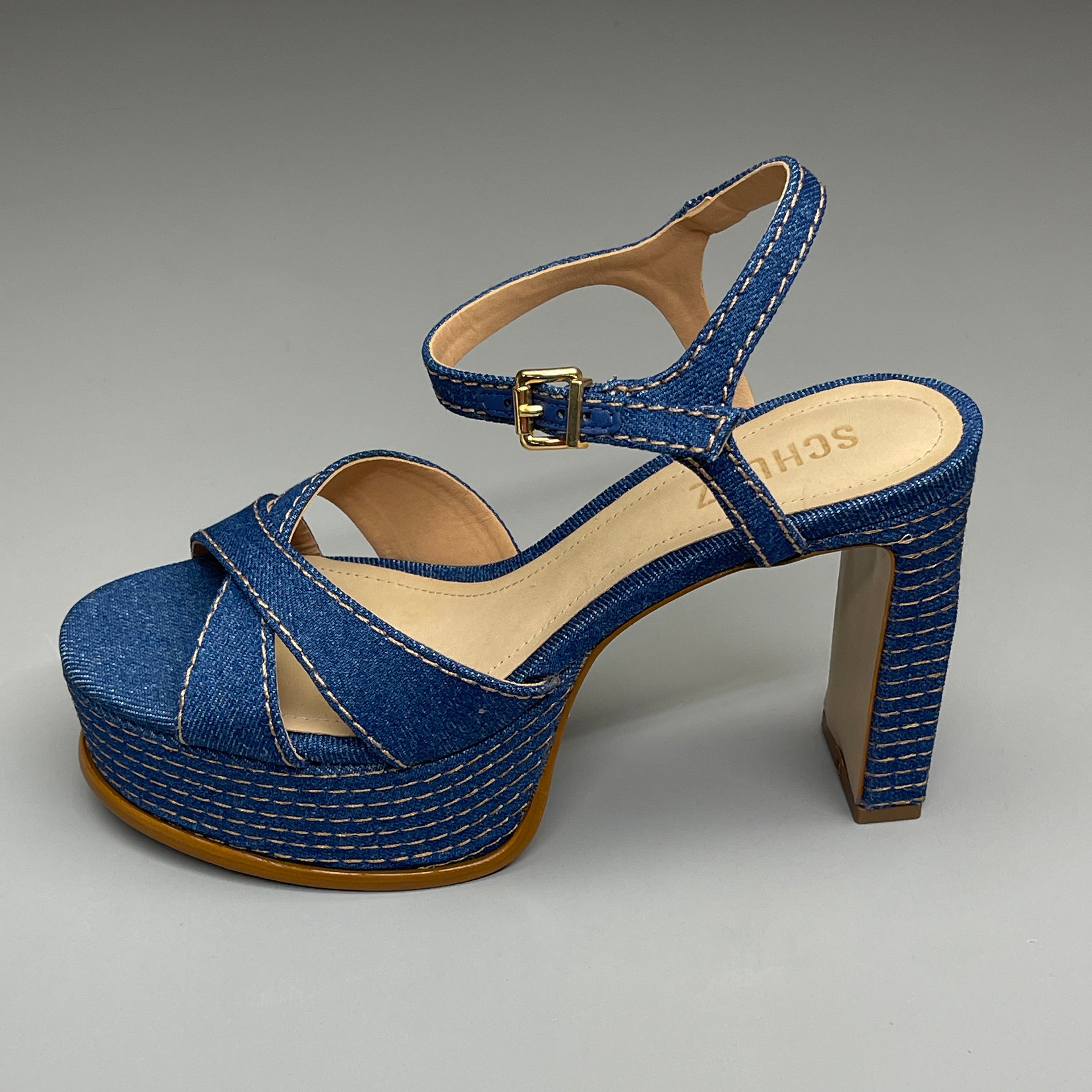 SCHUTZ Keefa Casual Denim Women's 4" Heeled Sandal Platform Blue Sz 7.5B (New)