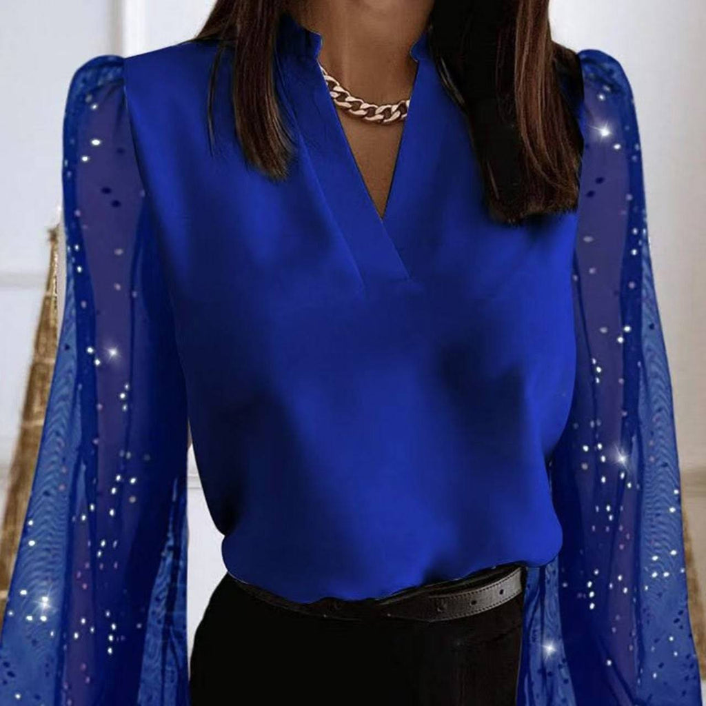 Ladies' Fashion New Style Sparkling Diamond Mesh Splicing Long Sleeve V-neck Top Shirt