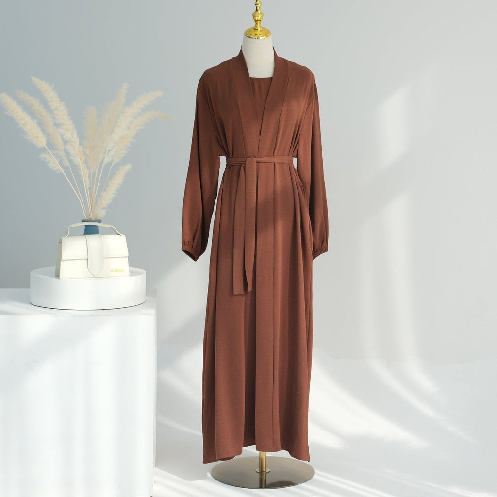 Solid Color Elegant Open Abaya with Pockets | 3-Piece Set Open Abaya (MOA092)