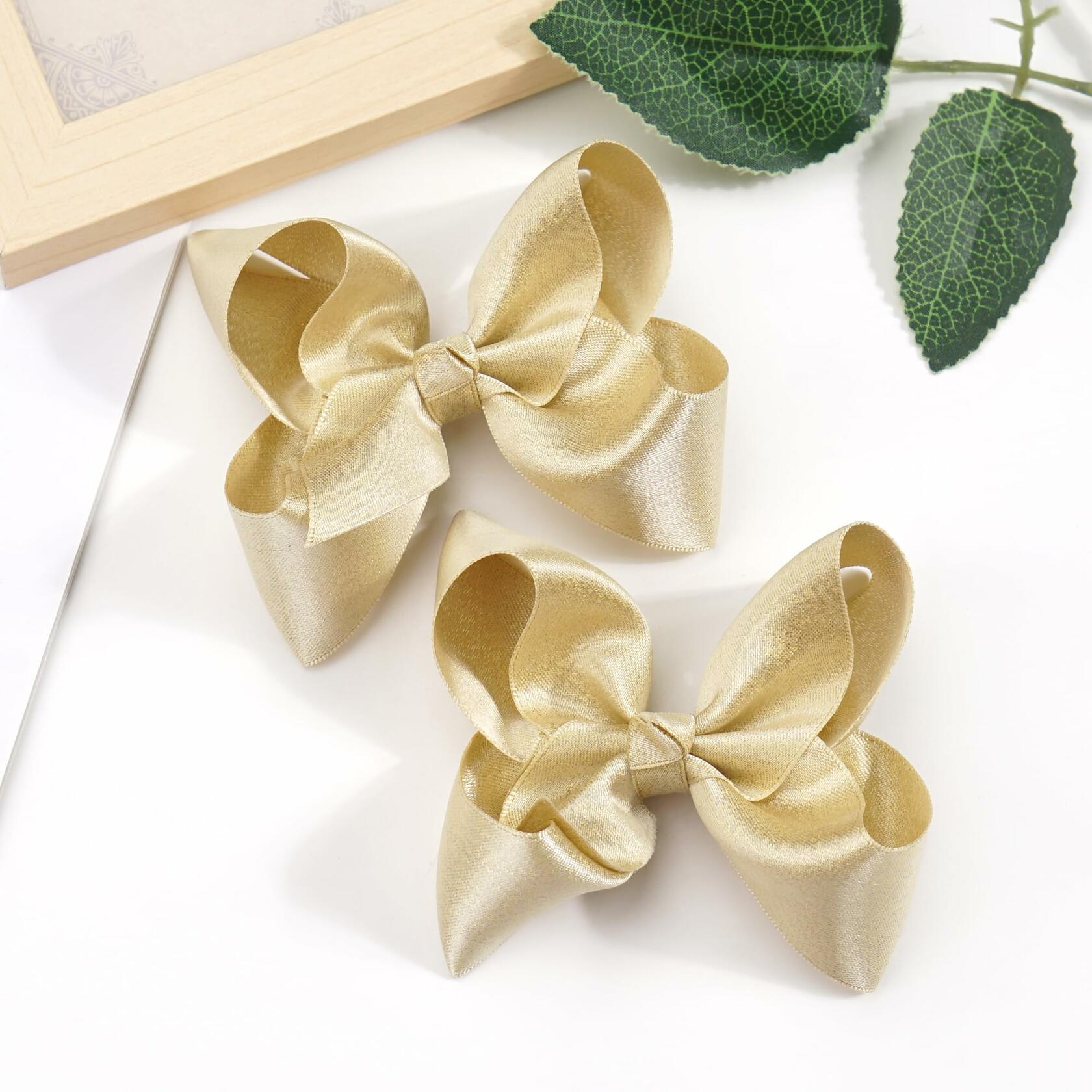 CÉLLOT 4.5" Shining Gold Hair Bows Alligator Clips 2 Pack