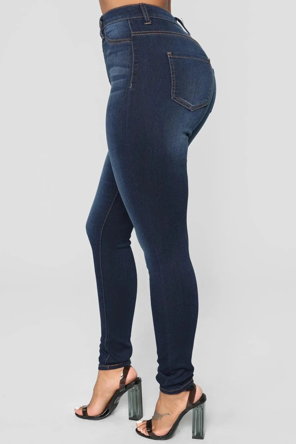 Women High Waist Stretch Hip Lift Denim Skinny Pants Jeans Full Length Sexy Slim Bleachded Solid Color Pants